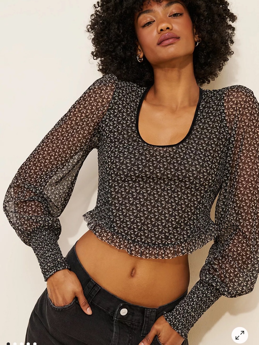 Free People Black Sheer Long-Sleeve Crop Top
